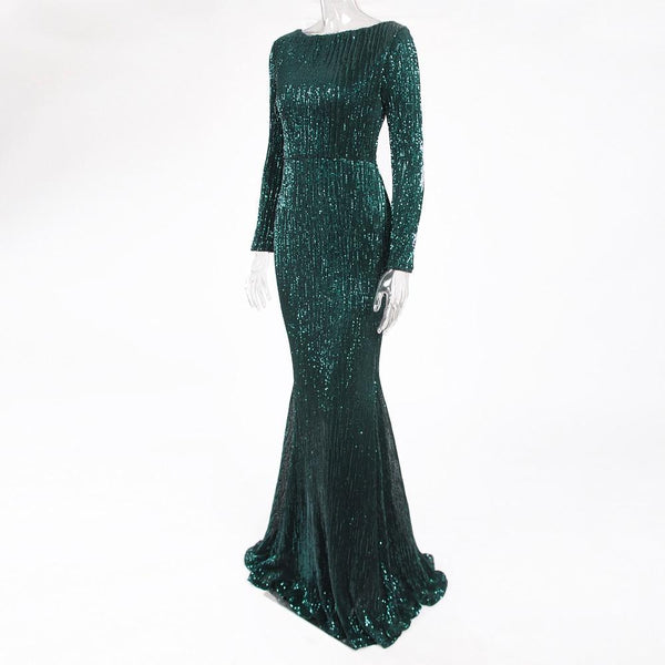 Women's Emerald Sequin O-Neck Long Sleeve Floor Length Evening Party Dress - SolaceConnect.com