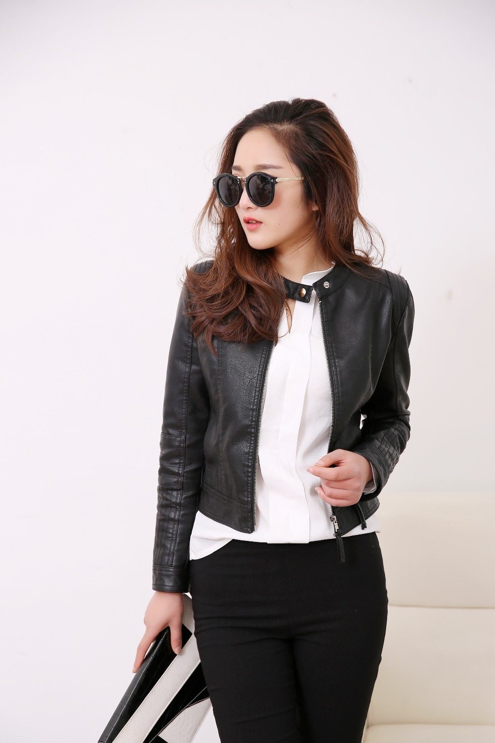 Women's European Style Basic Slim Synthetic Leather Coat with O Neck ...