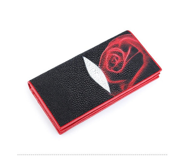 Women's Fancy Genuine Stingray Skin Rose Flower Long Bifold Wallet  -  GeraldBlack.com