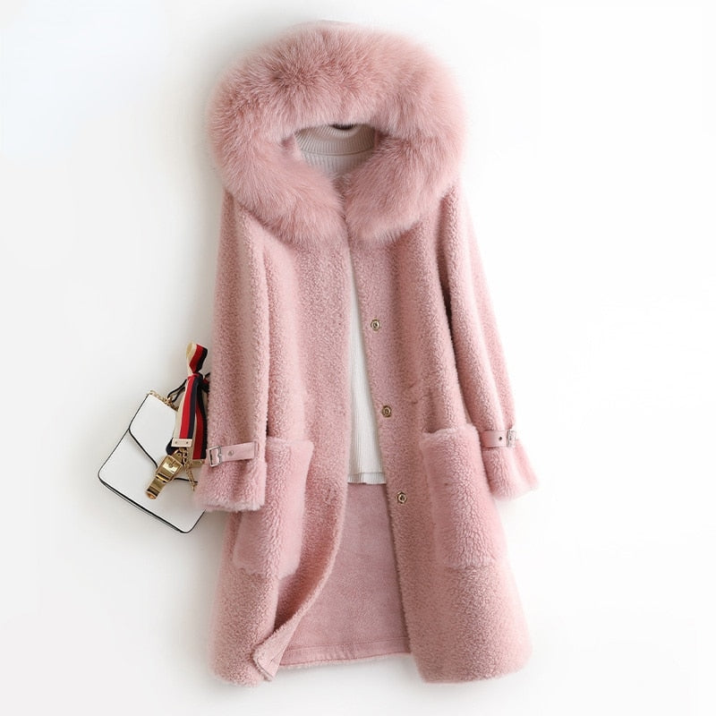 Women's Fashion 100% Wool Mid-length Fox Fur Collar Slim Fur Coats  -  GeraldBlack.com