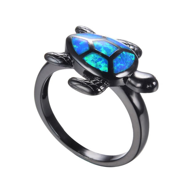 Women's Fashion Black Gun Plated Cute Turtle Animal Blue Shiny Opal Rings - SolaceConnect.com