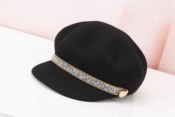 Women's Fashion British Wool Decorated Diamond Chain Octagonal Visor Hat - SolaceConnect.com
