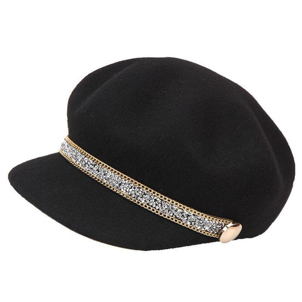 Women's Fashion British Wool Decorated Diamond Chain Octagonal Visor Hat - SolaceConnect.com