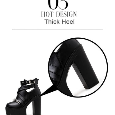 Women's Fashion Chain Ankle Boots Shoes with Zipper Square High Heels - SolaceConnect.com