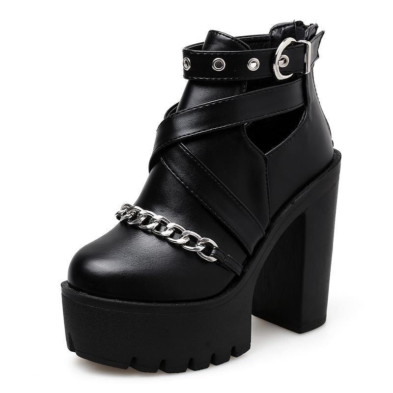 Women's Fashion Chain Ankle Boots Shoes with Zipper Square High Heels - SolaceConnect.com