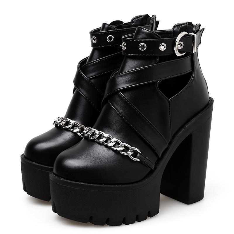 Women's Fashion Chain Ankle Boots Shoes with Zipper Square High Heels  -  GeraldBlack.com
