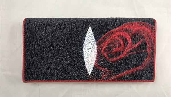 Women's Fashion Red Rose Flower Designer Stingray Skin Long Bifold Wallet  -  GeraldBlack.com