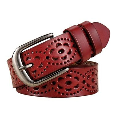 Women's Fashion Wide Genuine Cow Skin Leather Floral Carved Belt for Jeans - SolaceConnect.com