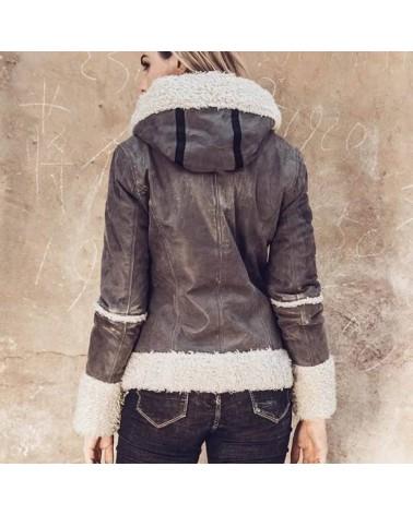 Women's Faux Fur Genuine Leather Shearling Motorcycle Hooded Jacket - SolaceConnect.com