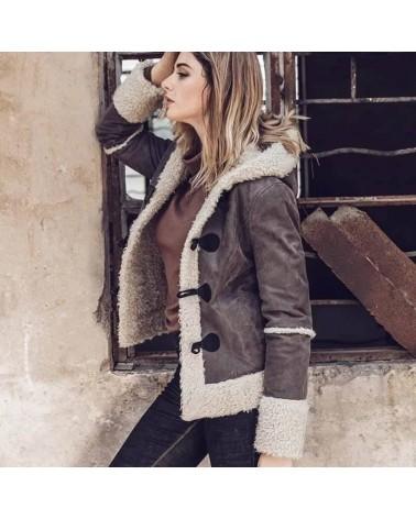 Women's Faux Fur Genuine Leather Shearling Motorcycle Hooded Jacket - SolaceConnect.com