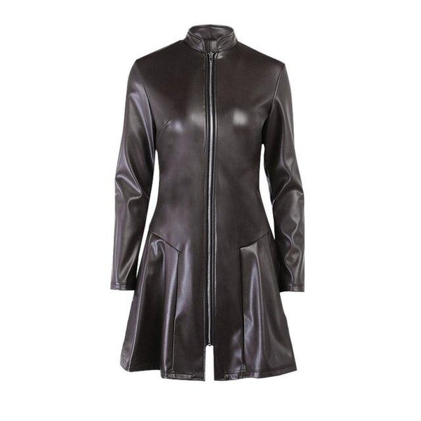Faux Leather Women Dress Zipper Up Pleated Mini Dress Long Sleeve Autumn Elegant Streetwear - SolaceConnect.com