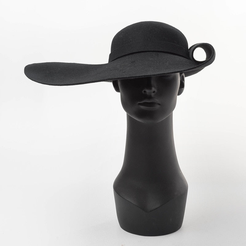 Women's Flanging Curl Black Big Brim Australia Wool Felt Bowler Hat  -  GeraldBlack.com