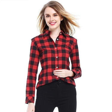 Women's Flannel Cotton Long Sleeve Plaid Pattern Blouse with Collar  -  GeraldBlack.com