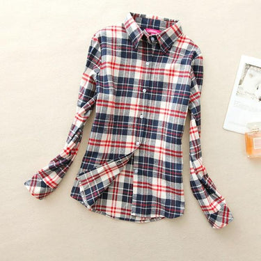 Women's Flannel Cotton Long Sleeve Plaid Pattern Blouse with Collar - SolaceConnect.com