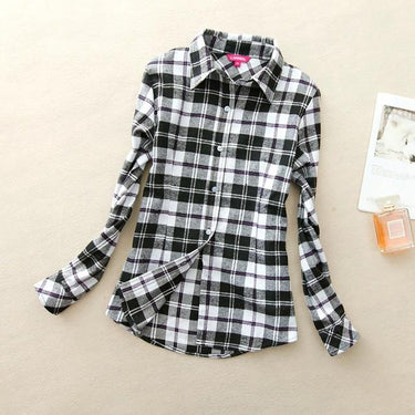 Women's Flannel Cotton Long Sleeve Plaid Pattern Blouse with Collar - SolaceConnect.com