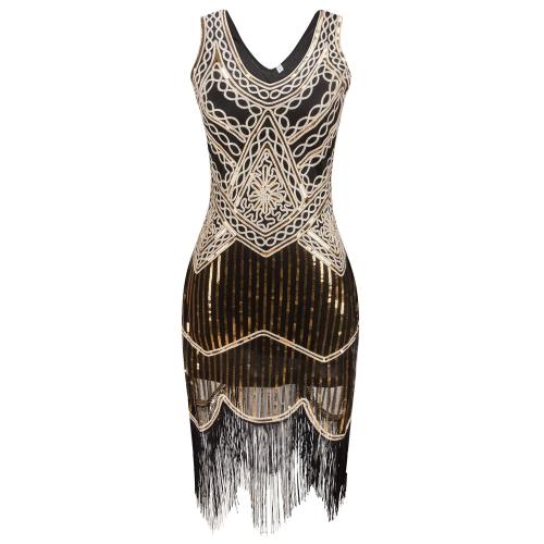 Women's Flapper Sequin Fringe Embroidery Midi Retro Black Dress for Summer - SolaceConnect.com