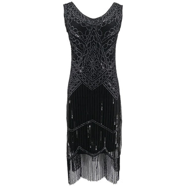 Women's Flapper Sequin Fringe Embroidery Midi Retro Black Dress for Su ...