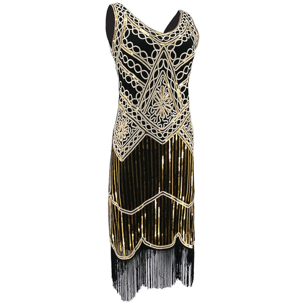 Women's Flapper Sequin Fringe Embroidery Midi Retro Black Dress for Summer  -  GeraldBlack.com