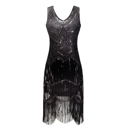 Women's Flapper Sequin Fringe Embroidery Midi Retro Black Dress for Summer - SolaceConnect.com