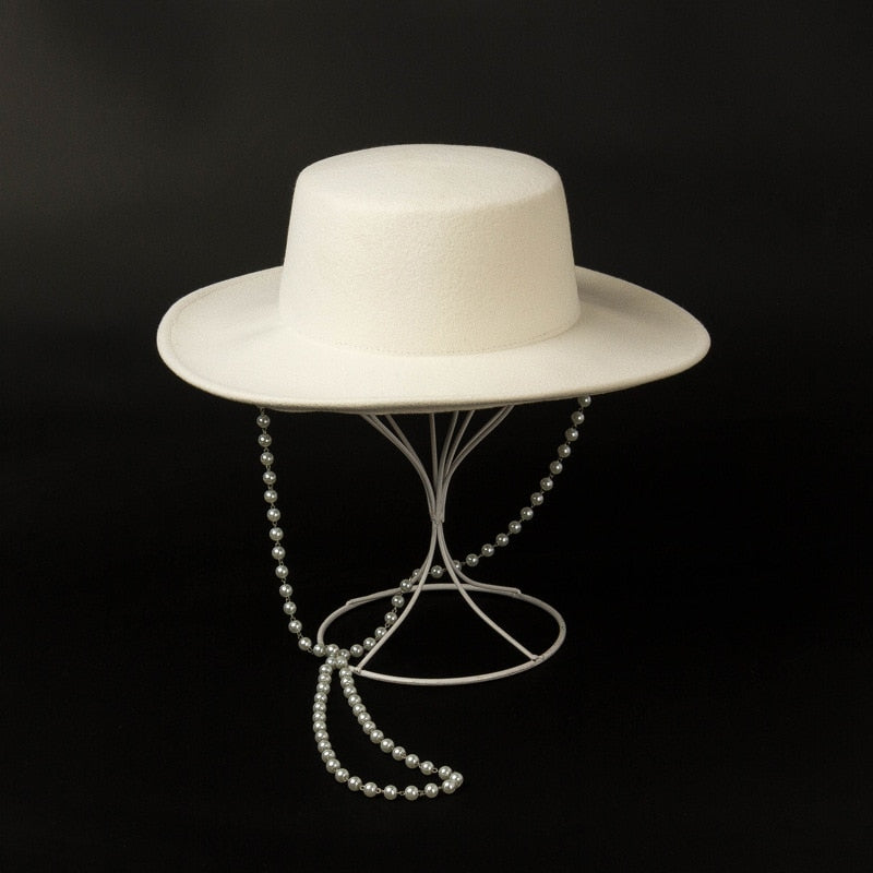 Women's Flat Top Imitation Pearls Necklace 7cm Wide Brim Fedora Hat  -  GeraldBlack.com