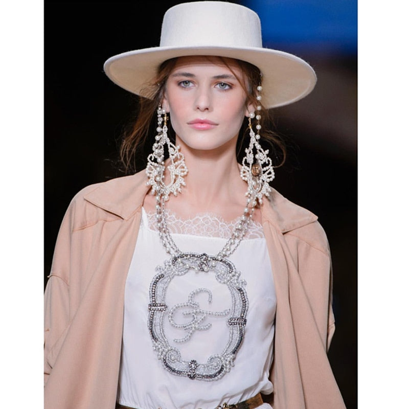 Women's Flat Top Imitation Pearls Necklace 7cm Wide Brim Fedora Hat  -  GeraldBlack.com