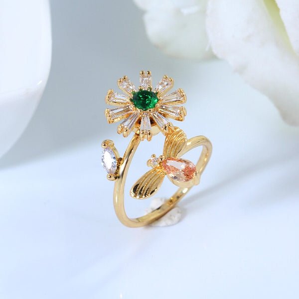 Women's Flower of Life Open Finger Gold Plated Cubic Zirconia Lover Gift Ring - SolaceConnect.com