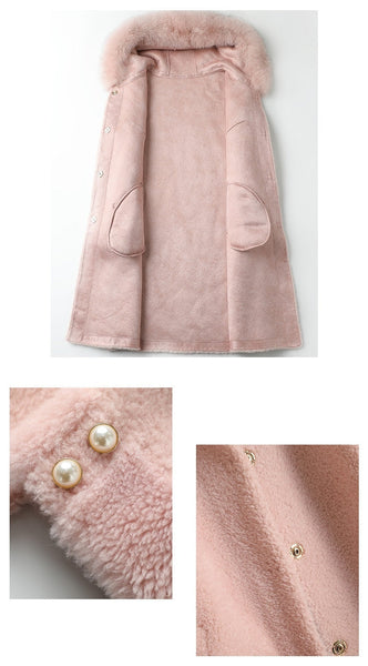 Women's Fox Fur Hooded Wool Wide-waisted Elegant Long Sleeve Coats  -  GeraldBlack.com