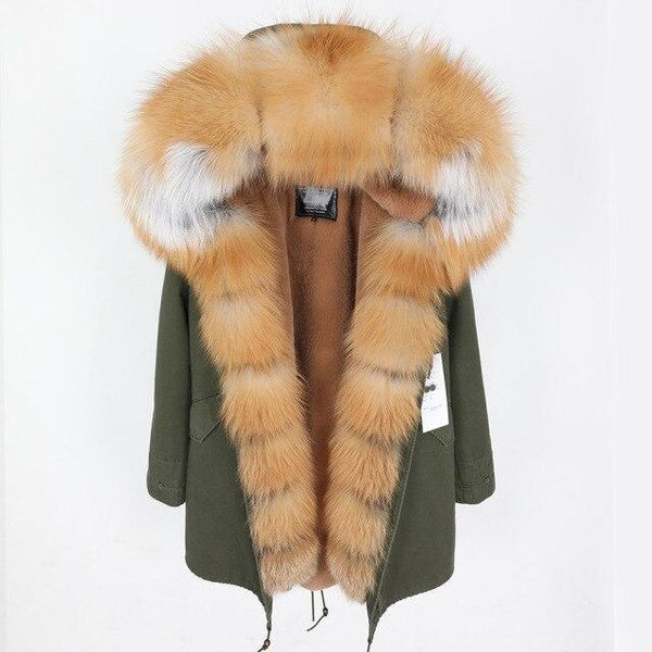 L1 Women's leather jacket Large Natural Fox Fur Hooded Coat Parka Outwear Long Detachable Lining winter jackets - SolaceConnect.com