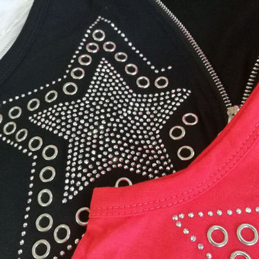 Women's Full Cotton V Neck Diamond Zipper Sleeveless Black Red T-shirts - SolaceConnect.com