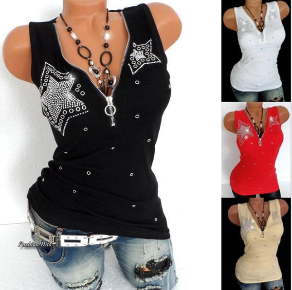 Women's Full Cotton V Neck Diamond Zipper Sleeveless Black Red T-shirts  -  GeraldBlack.com