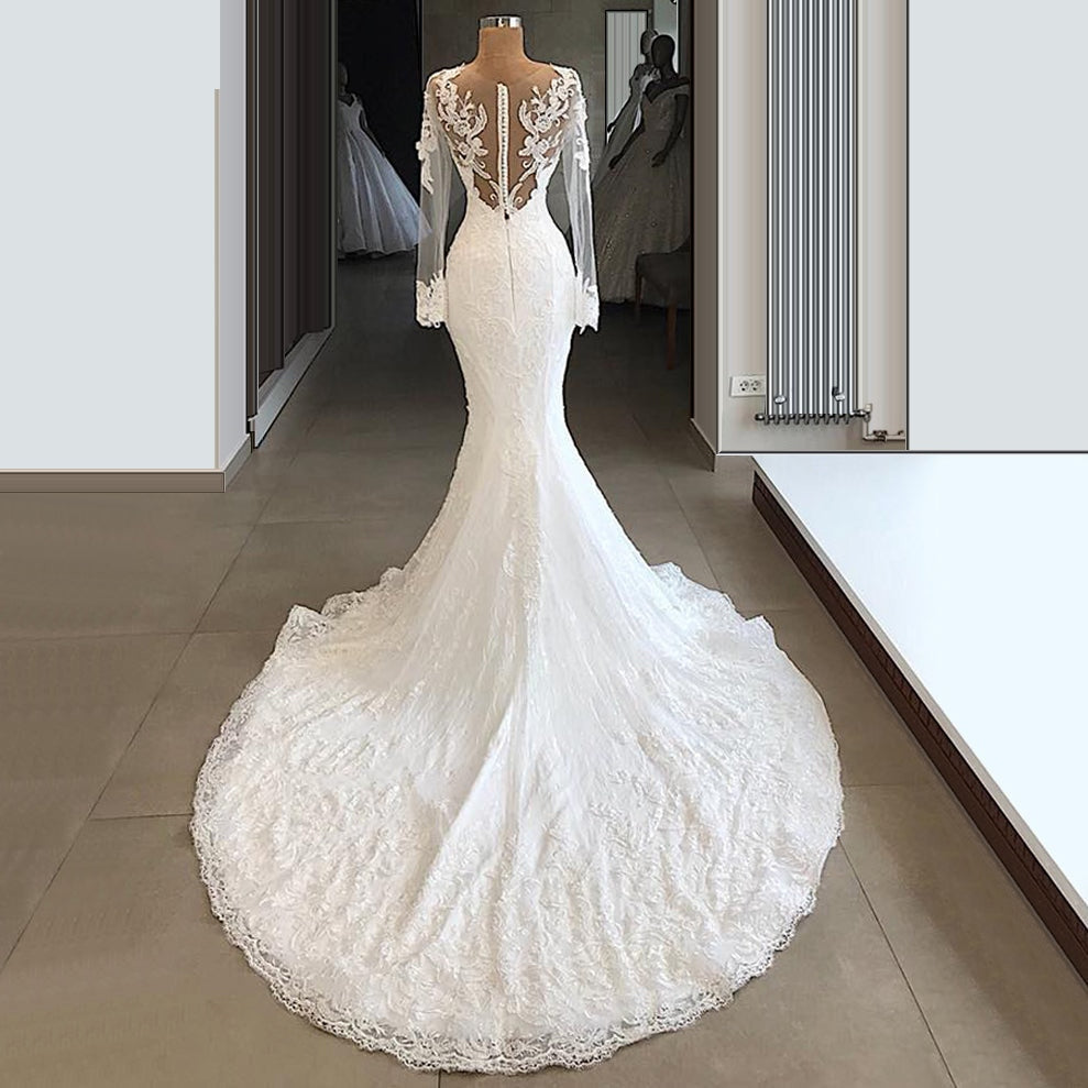 Women's Full Sleeve Floor Length Lace Appliques Mermaid Wedding Dress  -  GeraldBlack.com