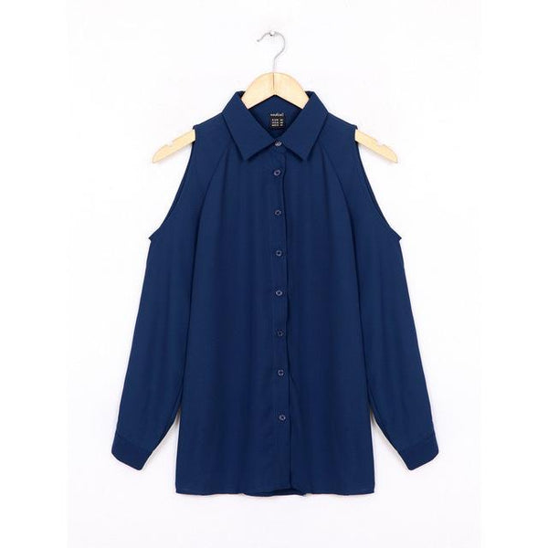 Women's Full Sleeve Off Shoulder Long Shirt with Collar and Button - SolaceConnect.com