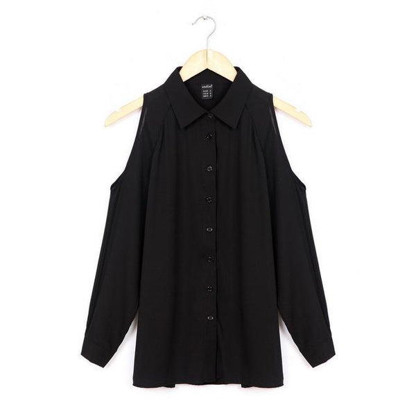 Women's Full Sleeve Off Shoulder Long Shirt with Collar and Button - SolaceConnect.com