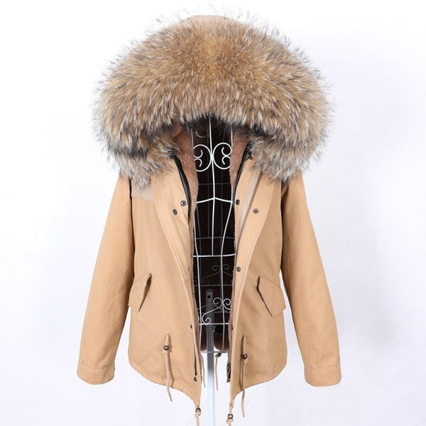 Women's Full-Sleeved Natural Raccoon Fur Collared Thick Warm Winter Jacket  -  GeraldBlack.com