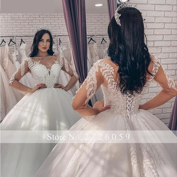Women's Full Sleeves Lace Appliques Bridal Wedding Dress Ball Gown  -  GeraldBlack.com