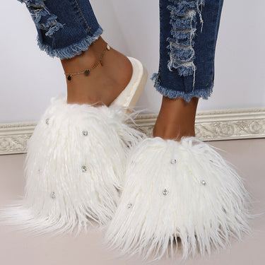 Women's Fur Slippers Home Fur Fluffy Shoes Winter Solid Flops Indoor Plush Fashion With Warm Rhinestone Flats Slides  -  GeraldBlack.com