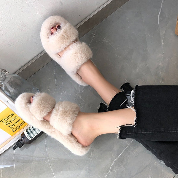 Women's Furry Slides Thick Flats Heels Non-Slip Indoor House Slippers - SolaceConnect.com