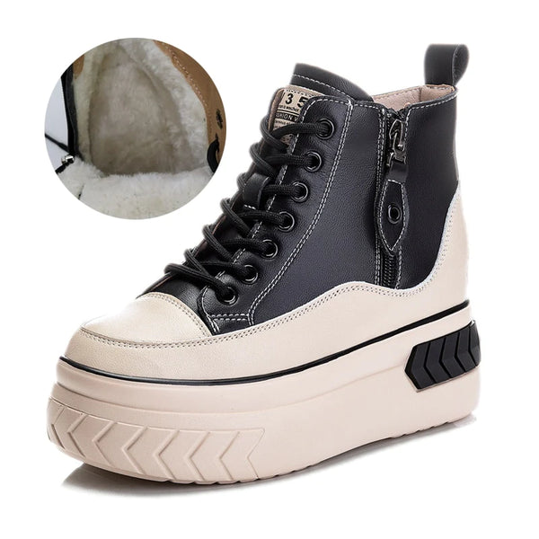 Women's Genuine leather 8cm Platform Boots Wedge Hidden Heel Zip Spring Autumn Warm Fur Winter Shoes  -  GeraldBlack.com