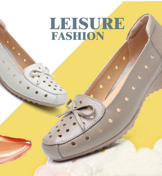 Women's Genuine Leather Butterfly-knot Round Toe Flat Slip-On Shoes