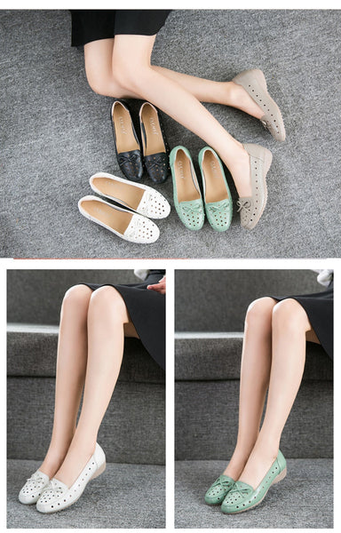 Women's Genuine Leather Ballet Flats Spring Low Heel Bowknot Comfy Soft Leather Slip On Shoes  -  GeraldBlack.com
