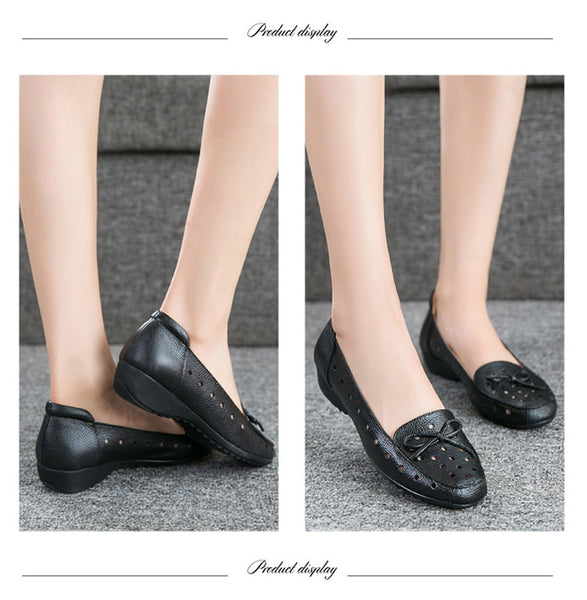 Women's Genuine Leather Ballet Flats Spring Low Heel Bowknot Comfy Soft Leather Slip On Shoes  -  GeraldBlack.com