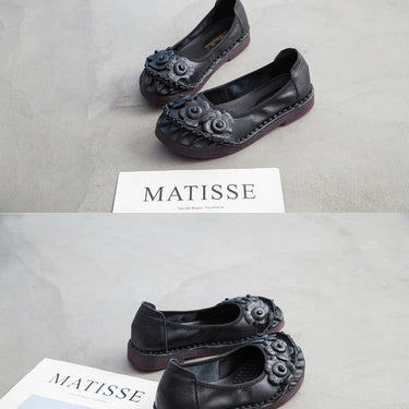 Women's Genuine Leather Flower Design Round Toe Soft Bottom Flats Loafers - SolaceConnect.com