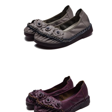 Women's Genuine Leather Flower Design Round Toe Soft Bottom Flats Loafers - SolaceConnect.com