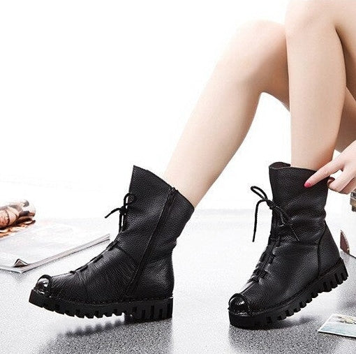 Women's Genuine Leather Soft Cowhide Vintage Flat Ankle Boots with Zip  -  GeraldBlack.com