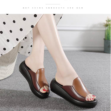 Women's Genuine Leather Solid Pattern High Heel Platform Slippers  -  GeraldBlack.com