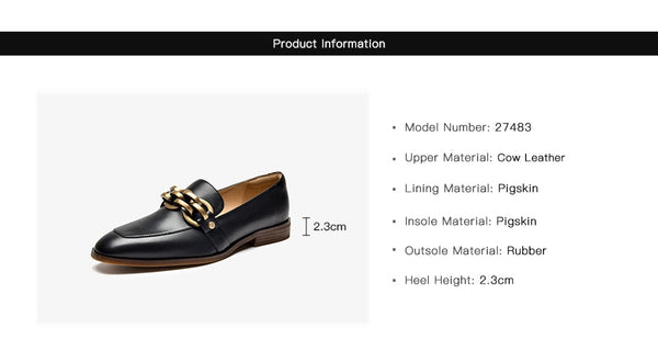 Women's Genuine Leather Square Toe Metal Chain Slip-on Flats Loafers - SolaceConnect.com
