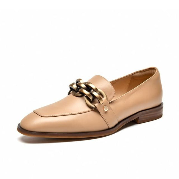 Women's Genuine Leather Square Toe Metal Chain Slip-on Flats Loafers - SolaceConnect.com