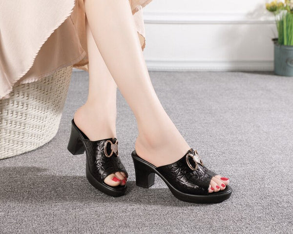 Women's Genuine Leather Thick Heels Non-slip Open Toe Sandals  -  GeraldBlack.com