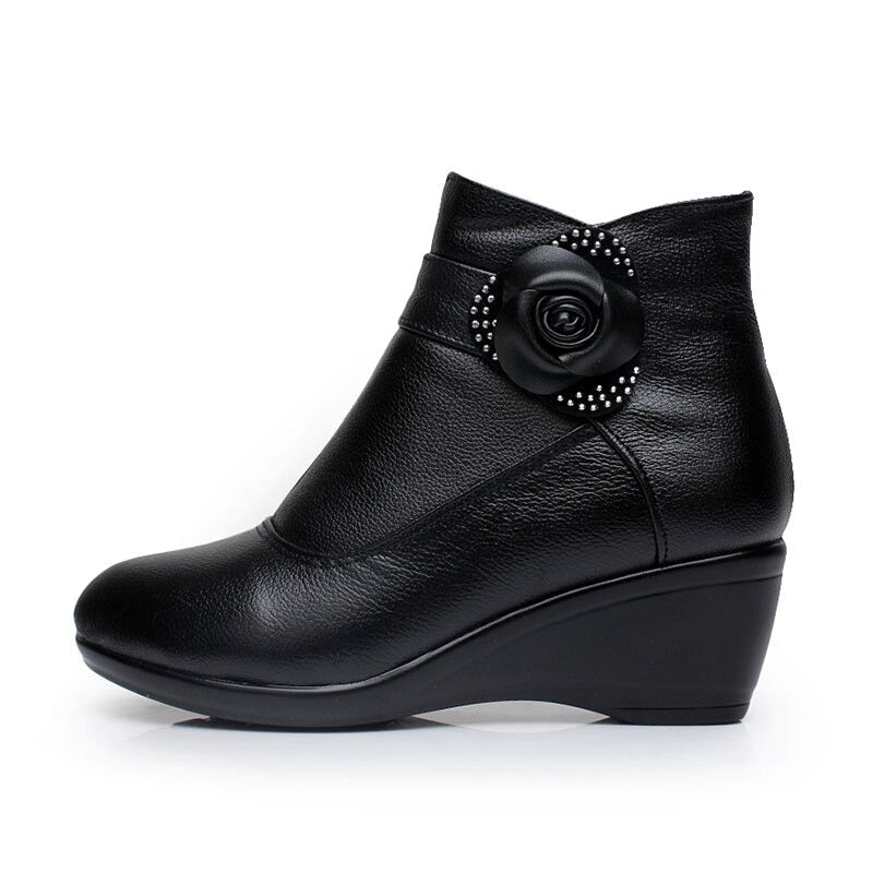 Women's Genuine Leather Winter Wedges Warm Plush Boots for Autumn - SolaceConnect.com