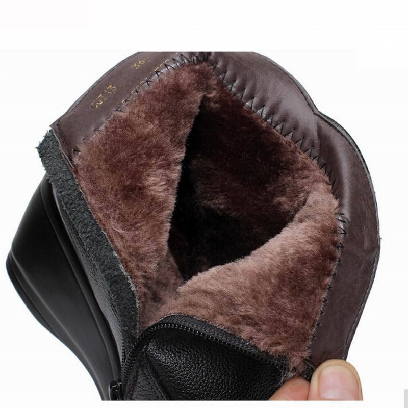 Women's Genuine Leather Winter Wedges Warm Plush Boots for Autumn - SolaceConnect.com